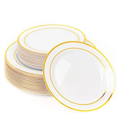 Image of MATANA 60 Premium White Plastic Plates with Gold Rim 30 26cm Dinner Plates, 19cm Dessert Unbreakable, Elegant &amp; Reusable Party Dinnerware for Weddings, Birthdays, Catering