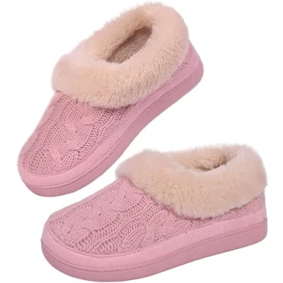 Image of DUNLOP Ladies Slippers Comfortable Ankle Memory Foam Moccasin Boots (Pink Knit, UK Footwear Size System, Adult, Women, Numeric, Medium, 7)