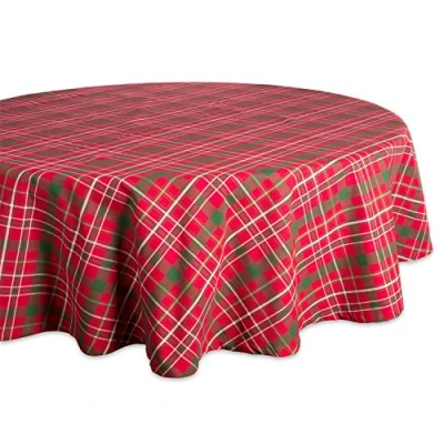 Image of DII Tartan Holly Plaid, Cotton, Red &amp; Green, Round Christmas Tablecloth, 70&quot;
