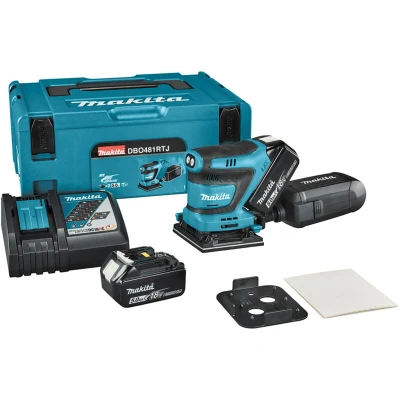 Image of Makita DBO481RTJ 18V Li ion LXT Finishing Sander complete with 2 x 5.0 Ah Batteries and Charger supplied in Makpac Case