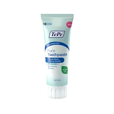 Image of TePe Pure Toothpaste, mild Peppermint, Very Gentle Everyday Fluoride Toothpaste for Sensitive Gums and Dry Mouth, Age Appropriate Level