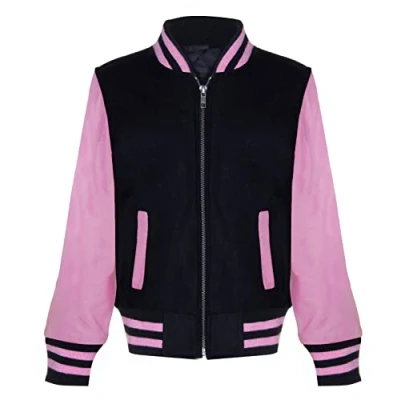 Image of Infinity Junior Childrens Unisex Kids Varsity Black &amp; Pink Bomber Jacket with Real Leather Sleeves 3 13 yrs Wool Blend Size 12 13Y
