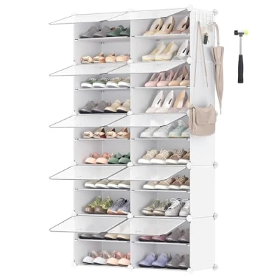 Image of SONGMICS Interlocking Shoe Rack, Plastic Storage Cabinet, 10 Slot Modular Organiser Unit, 30 x 40 cm for Each Slot, with Doors, Steel Frame, Panels, White LPC035W01