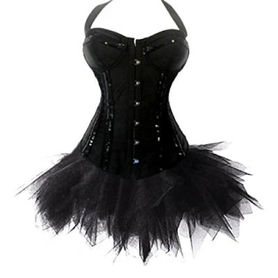 Image of JL Corset Moulin Rouge Halter with Tutu Skirt Fancy Dress Hen Outfit (UK(6 8) S, Black)