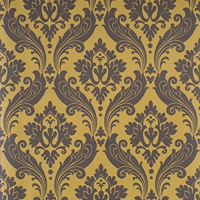 Image of Vintage Flock Ochre Black / Yellow Wallpaper