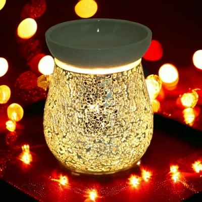 Image of Silver Wax Melt Oil Burner Aroma Scented Fragrance Electric Diffuser Lamp Mosaic Crackle