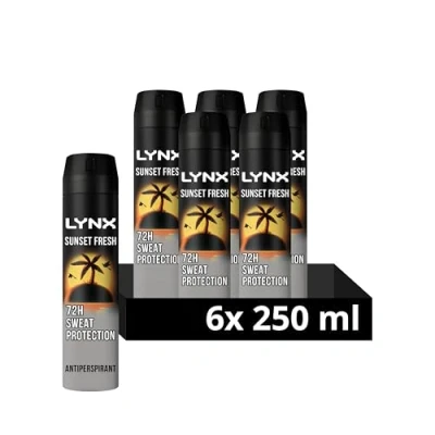 Image of Lynx Sunset Fresh XXL Anti Perspirant Aerosol men&#039;s deodorant spray with a mango and mandarin scent for 72 hour invisible sweat protection 6x 250 ml