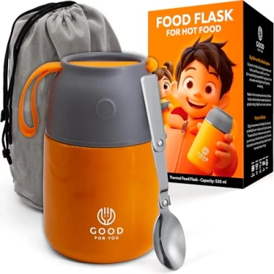 Image of GOOD for YOU Thermal Food Flask hot Food, Soup containers, Ideal as a Lunch Box, or Warmer Box Stainless Steel Insulated Orange