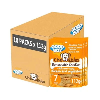 Image of Good Boy Chewables Chicken Mini Bones Natural Dog Treats Low Fat &amp; Rawhide Free Bulk Box 10 x 112g