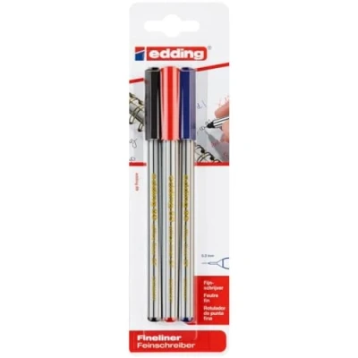 Image of edding 89 fineliner black red blue pack of 3 extra fine round nib 0.3 mm thin fibre pen for fine, precise writing, underlining, drawing in the office or at home and school