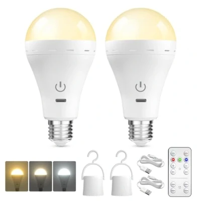 Image of BrightArk E27 Rechargeable Led Light Bulbs with Remote, 3 Colors Dimmable Battery Operated Bulb Timer, Emergency Bulbs, Up to 35 Hours, 2 Packs