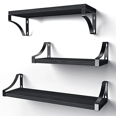 Image of Pipishell Floating Shelves Wall Mounted, Black Paulownia Wood Shelves, Wooden Set of 3 for Bedroom, Bathroom, Living Room, Kitchen, Home Office, Laundry Room