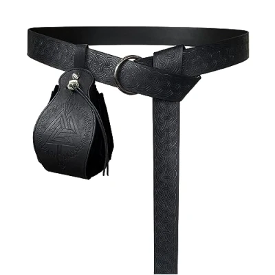 Image of HiiFeuer Medieval Embossed O Ring Belt with Portable Gungnir Drawstring Pouch, Retro Renaissance Faux Leather and Purse Set for LARP (Black B)