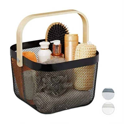 Image of Relaxdays Storage Basket, with Handle, Clothes, Deco, Steel &amp; Wood, Utensil HBT: 17.5 x 26 24.5 cm, Black