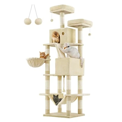 Image of Feandrea Cat Tree, Height 206 cm, with 13 Scratching Posts, 2 Platform, Kennels, Basket, Hammock, Pompom, Plush Fabric, Multi Levels for Indoor Cats, Cream White PCT190T01