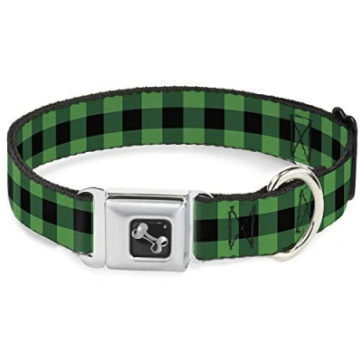 Image of Buckle Down Seatbelt Dog Collar Buffalo Plaid Black/Neon Green 1&quot; Wide Fits 11 17&quot; Neck Medium