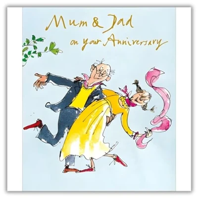 Image of Mum and Dad Anniversary Card Dancing Couple Quentin Blake Illustrated Design Special Finish Made in the UK Eco Friendly