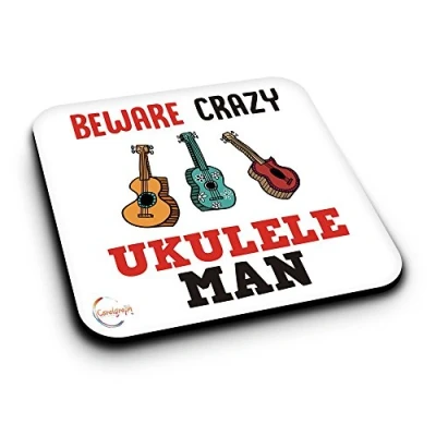 Image of ER405 Beware Crazy Ukulele Man Novelty Present Gift Printed MDF Wooden Coaster