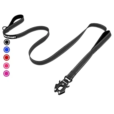 Image of Strong Heavy Duty Dog Lead 6ft Reflective Nylon Training Leads with Padded Double Handle &amp; Auto Lock Frog Clip, Safety Traffic Leash for Large Medium Small Dogs Anti Pull Walking Black