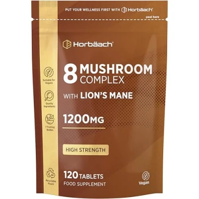 Image of Mushroom Complex 8 1200mg Lions Mane, Chaga, Cordyceps, Reishi, Shiitake, Maitake, Shaggy Mane &amp; Oyster High Strength Supplement 120 Powder Tablets Vegan by Horbaach