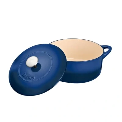 Image of Denby Blue Cast Iron Casserole Dish Dutch Oven, Oven Safe Pot, Enamelled 24cm, 4.05L Capacity Cobalt Round