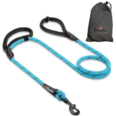 Image of Sweetie Rope Dog Lead Strong Leash with 2 Comfortable Padded Handles 5 FT for Medium &amp; Large Size Pets Reflective, Weather Resistant O Ring. Blue