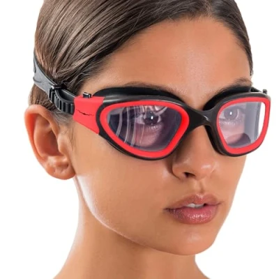 Image of AqtivAqua Swimming Goggles Adult and Kids 6 14 Men Women Swim Childrens Boys Girls DX C (Clear Lenses Red/Black Frame)