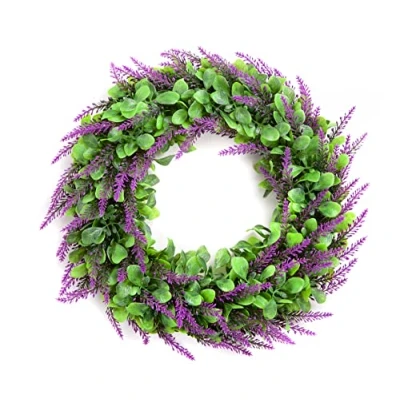 Image of Best Artificial 45cm Purple Lavender Lush Long Leaf Flower Topiary Grass Wreath UV Stable