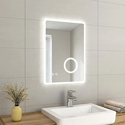 Image of EMKE LED Bathroom Vanity Mirror Thin Wall Mounted Makeup with Shaver Socket, Bluetooth Speaker, Lights, 3 Fold Magnification, Touch Switch, Demister Pad 500 x 700 45 mm