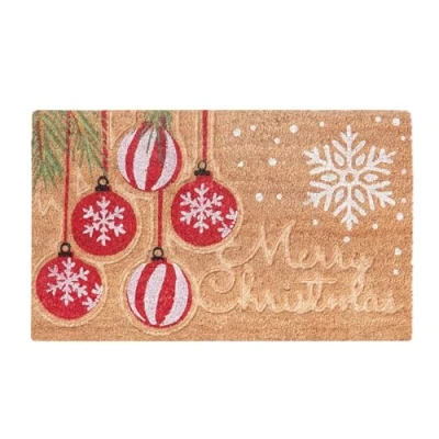 Image of Merry Christmas Coir Door Mat 45x75cm Non Slip Backing Natural Coconut Fibre Doormat Festive Red Baubles and Snowflake Design Durable Outdoor &amp; Indoor Welcome