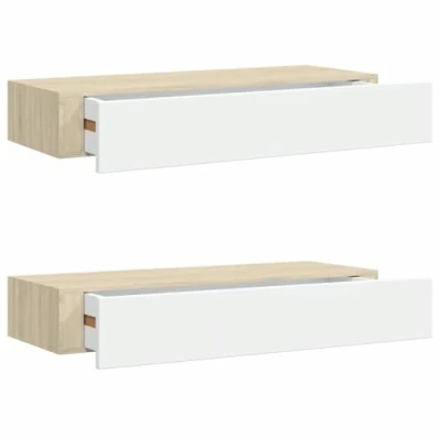 Image of vidaXL Wall Drawer Shelves 2 pcs, Oak and White Mounted Compact Storage Solution for Living Room, Study, or Bedroom Made from durable MDF Metal Modern Decorative Addition