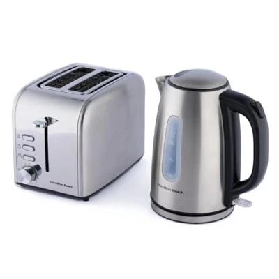 Image of Hamilton Beach Kettle &amp; Toaster Set, Electric Kettle, 1.7L, 2 Slice, Rise, Stainless Steel, Boil Dry Protection, Rapid Boil, 6 Browning Settings, Defrost, Reheat Cancel, Brushed HBRISE2B