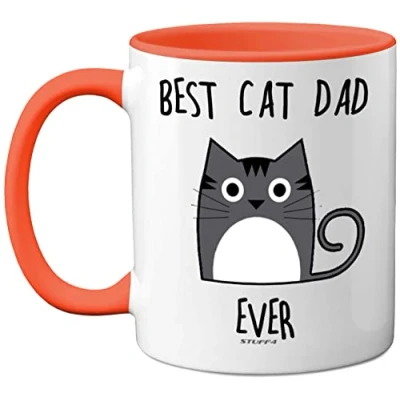 Image of Stuff4 Best Cat Dad Ever Mug, Gifts for Lovers, Gifts, Cute Mugs Men, Funny Coffee 11oz Ceramic Dishwasher Safe Premium Orange Handle