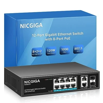 Image of 8 Port Gigabit PoE Switch Unmanaged with IEEE802.3af/at PoE+@120W, 2 x 1000Mbps Uplink + 1G SFP, 12 Network Power Over Ethernet Switch, Desktop/Wall Mount.