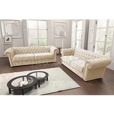 Image of Chesterfield Style Corner Sofa Set 3+2 Seater Armchair Cream Fabric (3+2 Seater)