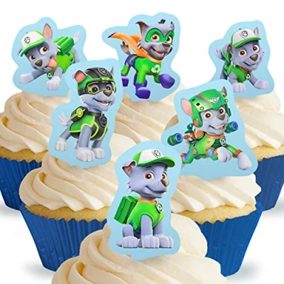 Image of 12 x PRE CUT Paw Patrol Rocky Stand Up Edible Cake Toppers