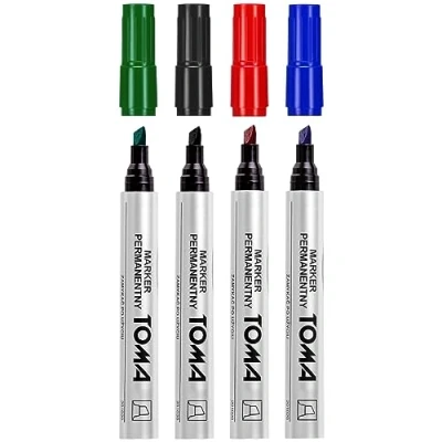 Image of Permanent Marker Pens, Set of 4 Colours (Red, Blue, Green, Black), Fine Chisel Tip, Waterproof Markers