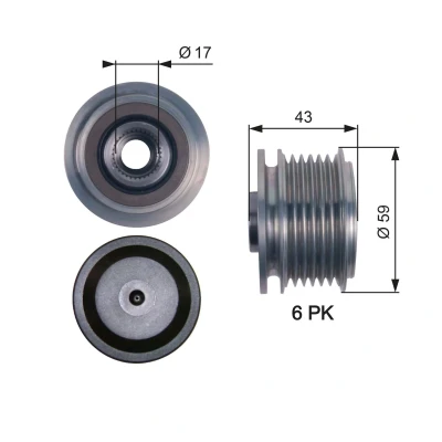 Image of 30667067, 8666579 Freewheel Clutch GATES OAP7112 43mm PowerGrip FORD: Focus 2, 2 Kombi, JEEP: WRANGLER 3, Cherokee III, VOLVO: V50