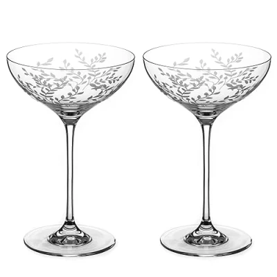 Image of DIAMANTE Champagne Cocktail Saucers Coupes Pair ‘Breeze’ Intricately Etched Floral Leaves Pattern Set of 2