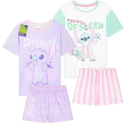 Image of Get Trend Disney Stitch PJs Girls 2 Pack Short Sleeve Pyjamas Set Teens Lounge Sets Nightwear Soft Sleepwear Gifts (9 10 Years, Multi Stitch, 2)