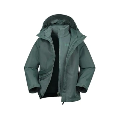 Image of Mountain Warehouse Fell Kids 3 in 1 Jacket Water Resistant Triclimate Raincoat, Detachable Inner Coat &amp; Packaway Hood For Walking, Hiking Outdoors Dark Khaki Size 5 6 Years