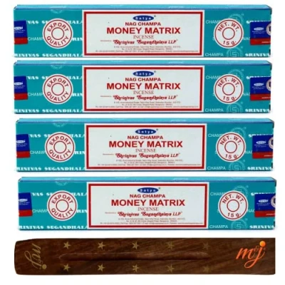 Image of Original Satya Nag Champa Money Matrix incense sticks with M&amp;J holder x4 pack for Aromatherapy, Spa, Yoga, Weddings, Meditation, Healing, Positivity and Relaxation