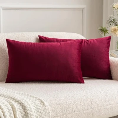 Image of MIULEE Christmas Velvet Soft Soild Microfiber Decorative Square Pillow Case Throw Cushion Cover for Sofa Bedroom with Invisible Zipper Wine Red 12&quot;x20&quot;,2 Pieces