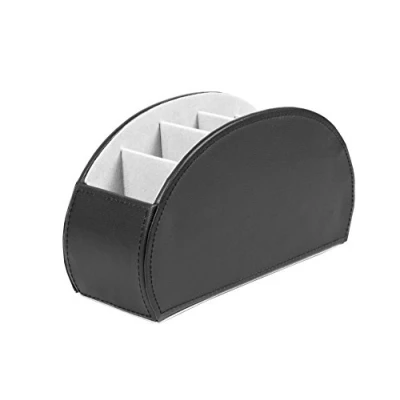 Image of OSCO Black Faux Leather Remote Organiser 5 Compartments Office Tidy TV Control Storage Pen Holder Makeup sorter Cosmetics Display H12 x W22.53 D7.8 cm