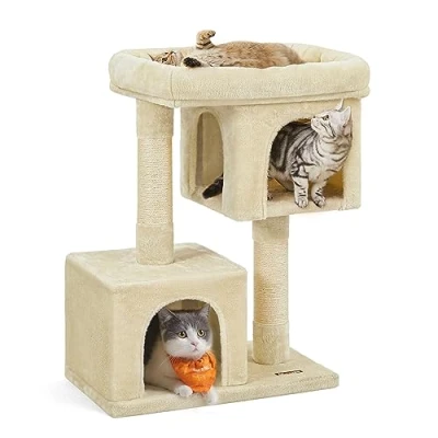 Image of Feandrea Cat Tree, 84 cm Tower, L, Condo for Large Cats up to 7 kg, Perch, 2 Caves, Scratching Post, Beige PCT61M