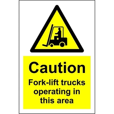 Image of Warning Caution fork lift trucks operating in this area safety sign 1.2mm rigid plastic 300mm x 200mm