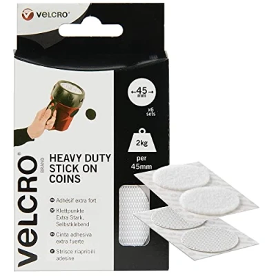 Image of VELCRO® Brand Heavy Duty Stick On Coins Industrial Strength Hook &amp; Loop Self Adhesive Sticky Perfect for Room Décor Home, Office, Garage Use White 45mm x Set of 6