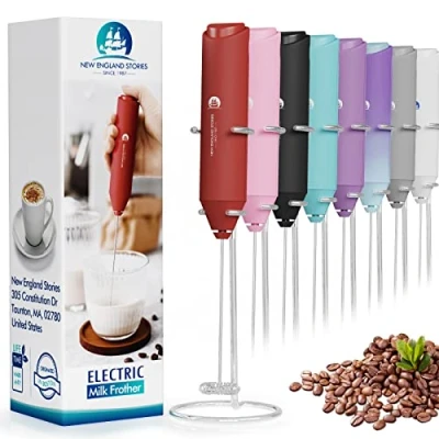 Image of Electric Milk Frother Handheld, Battery Operated Whisk Beater Foam Maker for Coffee, Cappuccino, Latte, Matcha, Hot Chocolate, Mini Drink Mixer, With Stand, Red