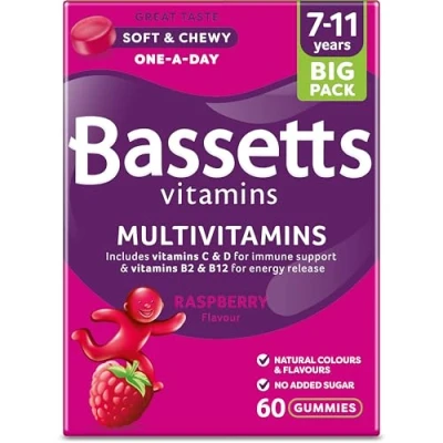 Image of Bassetts Vitamins 7 11 Years Raspberry Flavour Multivitamins 60 Gummies