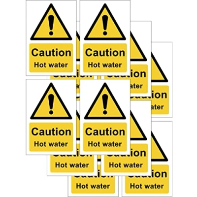 Image of Pack of 12 60mm x 90mm Caution hot water self adhesive vinyl signs